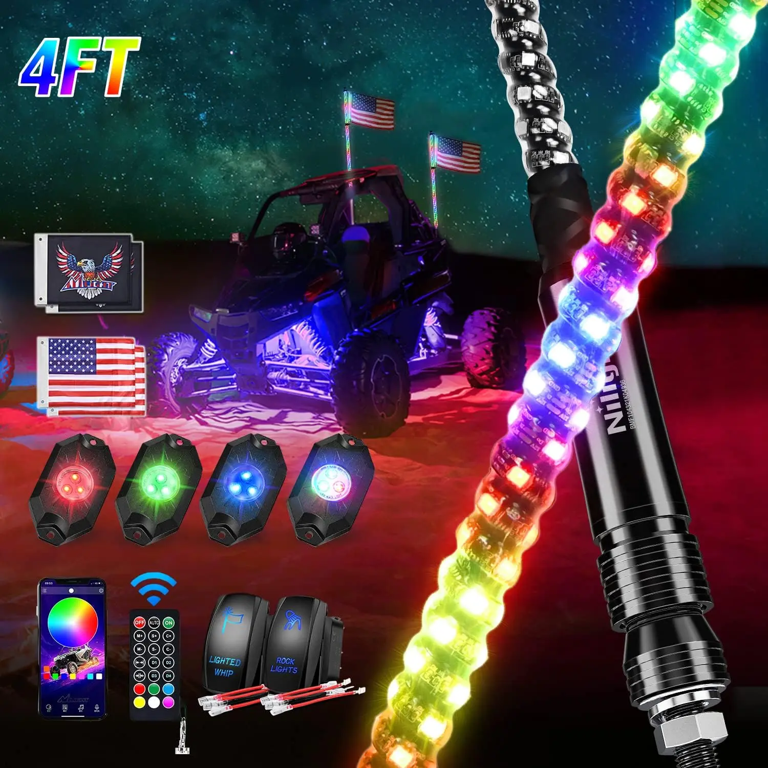 Nilight 2PCS 4FT RGB LED Whip Light and 4 PCS RGB Rock Lights Combo, Remote & App Control w/DIY Chasing Patterns Stop Turn Reverse Light Safety Antenna Lighted Whips for ATV UTV  Blue Glow  dealsforyoudays, Led Strip, Flexible Led