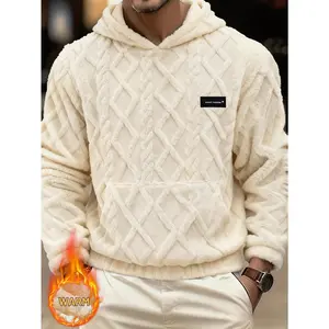 Men's Plush Jacquard Fleece Hooded Sweatshirt - Casual Loose Fit Long Sleeve with Pocket, Regular Length for Daily Wear
