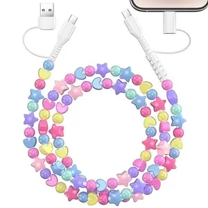 Pearl-Decorated 4-in-1 Charging Cable Compatible with All Devices USB-C, Lightning, Micro USB & USB-A Durable 3.3Ft Colorful Beaded Cord for Fast Charging & Data Transfer