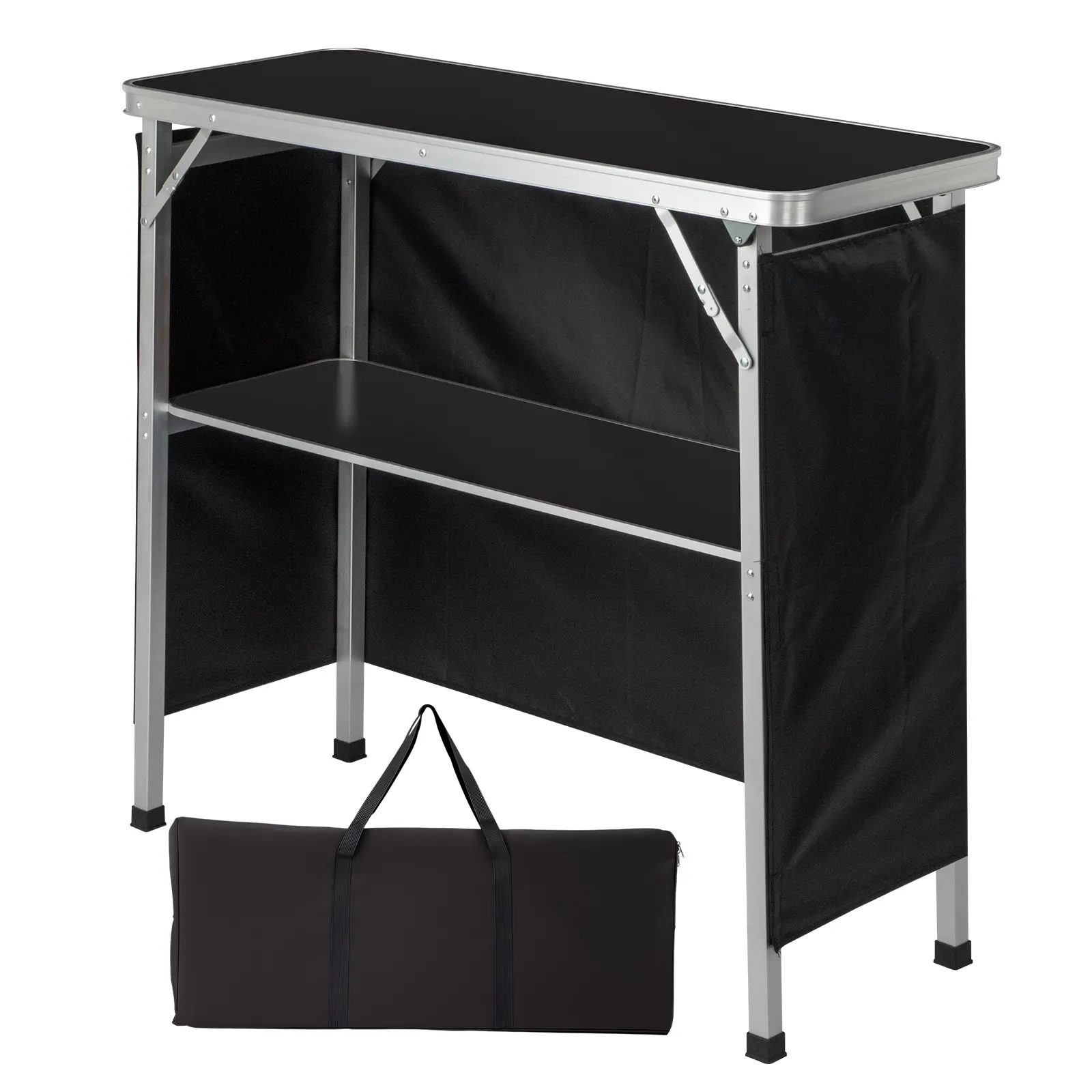 Foldable Aluminum Lightweight Portable Bar Table with MDF Board, Shelf - Black Tradeshow Podium Table, Skirt, Carrying Bag, Outdoor Furniture (44 lbs Shelf Capacity, 111 lbs Tabletop Capacity, 100x38x88 cm) for Parties