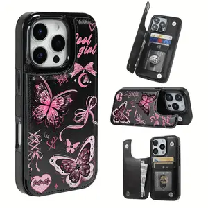 Beautiful and fashionable Painted Graffiti Pink Butterfly Element Pattern Leather Card Holder Phone Case,for iPhone 17 Pro Max Phone Case 17 Air 16 15 Plus 14 13 12 , Samsung Galaxy S25 ULTRA FE Plus S22 S23 FE S24 Plus