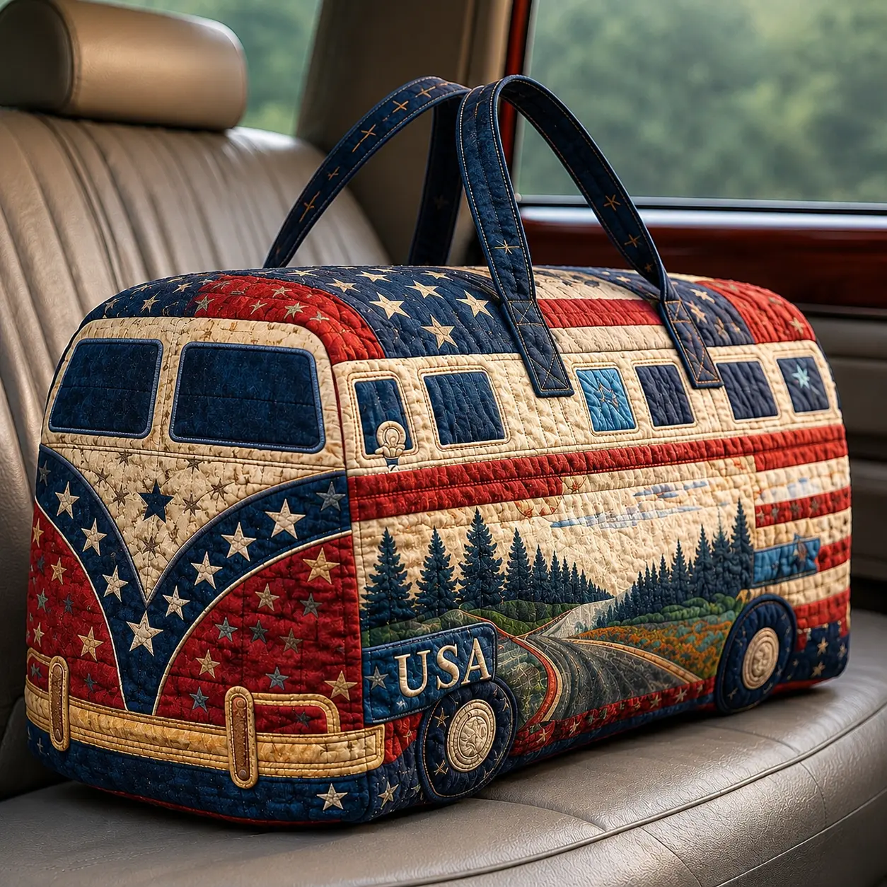 Vintage American Flag Van Quilted Duffel Bag For Women Large Weekender Travel Tote Overnight Carry On Bag For Road Trip Gym Vacation