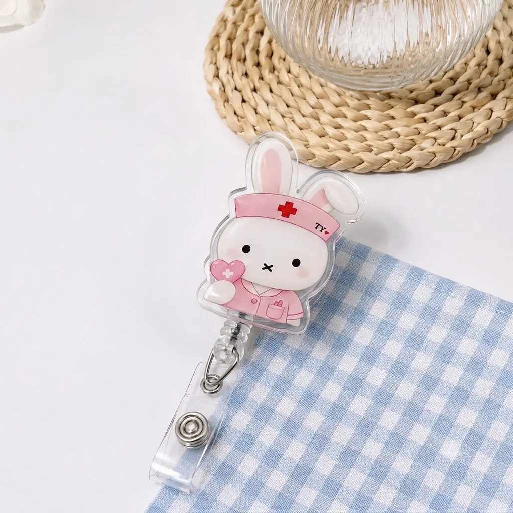 Pink Bunny Nurse Badge Reel, Retractable Acrylic ID Holder with Medical Hat and Heart Accessory, Adorable Work Gift for Nurses, Nursing Students and Healthcare Workers