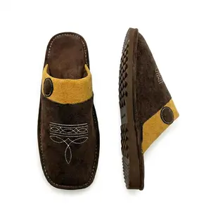 Western Suede Slippers with Boot Stitch – Square Toe House Shoes for Men & Women, Indoor Outdoor