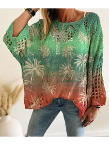 Spring & Summer Off-Shoulder Diamond Cutout Batwing Drop-Shoulder Loose Knit Top. Contrast  Print, Long Sleeve, Bohemian & Vacation Style, Casual Elegant Commute. Cover-up for Vests and Bikinis.
