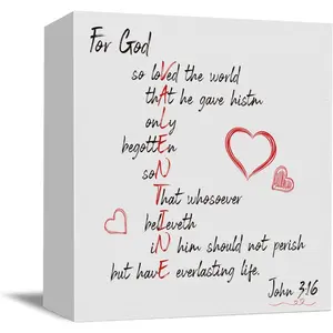 Christian Wooden Box Sign - 5x5 Inch Bible Verse John 3:16 "For God So Loved the World" Scripture Sign, Religious Home Decor, Gift for Christian Friends, Wedding, Baptism, Church Table Decor