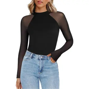 Long Sleeve Shirts for Women Floral Mesh Sheer Top Mock Neck Double Lined Fitted Going Out BlousesGift