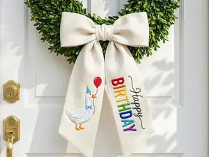 Happy Birthday Wreath Sash with Embroidered Goose and Balloon, Front Door Decor for Birthday Party, Linen Wreath Bow Sash