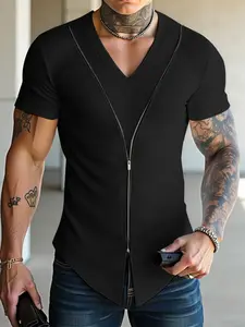 INCERUN Summer Short Sleeve Tops Tee Fashion Zipper Men T-Shirts Solid Color Irregular Tops V Neck Sexy Streetwear Tee Workwear