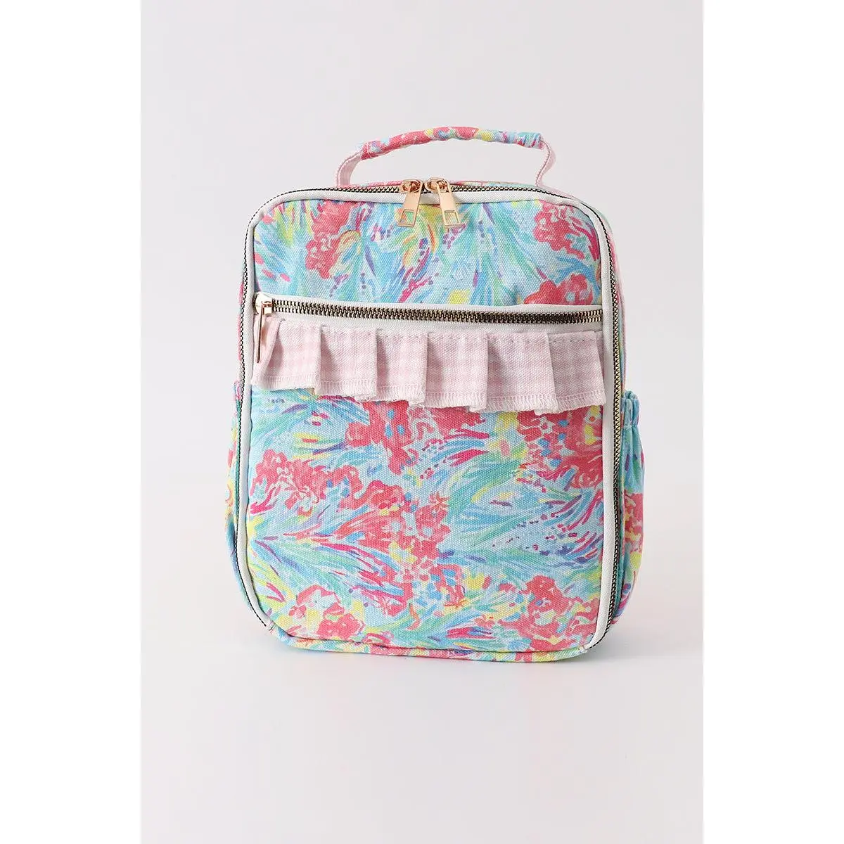Green floral ruffle lunch bag