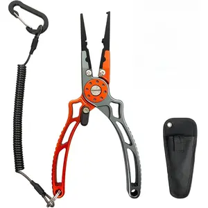 Fishing Pliers, Multi-Function Split Ring Plier Gear, Saltwater Resistant Teflon Coated Locking Hook Remover Cutter, Stainless Steel Top & Aluminum Body Tool Kit Tackle Set for Bass