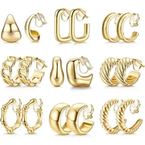 Clip on earrings, thick hoop clip on earrings, fashionable clip on earrings for women, non perforated fake jewelry, thick earrings, gold-plated