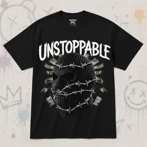 Unstoppable Ski Mask Graphic Tee Dark Streetwear Urban Money Aesthetic Shirt, Gildan 5000 Heavy Cotton