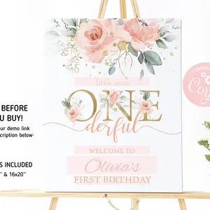 Birthday Welcome Sign Template Printable Welcome Poster Editable Welcome Sign Blush Pink Floral Boho Little Miss Onederful Party Decor NW1