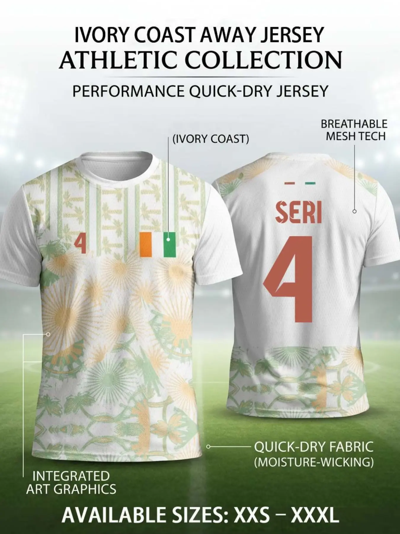 2026 Ivory Coast Away Soccer Jersey, Artistic Print Lightweight Football Shirt, Breathable Mesh Technology, Quick-Dry Soccer T-Shirt, Athletic Tops, Sports Top, All Seasons