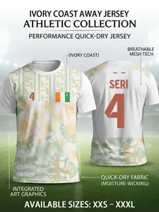 2026 Ivory Coast Away Soccer Jersey, Artistic Print Lightweight Football Shirt, Breathable Mesh Technology, Quick-Dry Soccer T-Shirt, Athletic Tops, All Seasons