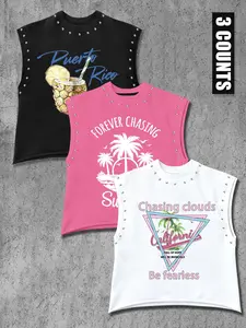 Men's Summer Three-Piece Sleeveless T-Shirt Set, Casual Tropical Outfit Hawaiian Vest Top, Beach Graphic Graffiti Casual Letters Print + Stud Design, Round Neck Crewneck Unisex