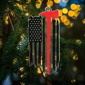 Firefighter Thin Red Line Acrylic Ornament, US Flag Axe Symbol Honor and Support Decoration, Tribute Gift for Heroes
