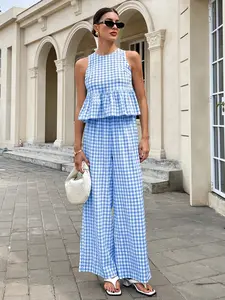 Women’s plaid two-piece set featuring multiple stylish casual options: a crew-neck sleeveless top with a ruffled hem and high-waisted straight-leg pants made from polyester fabric—ideal for everyday outings, vacations, and commuting.