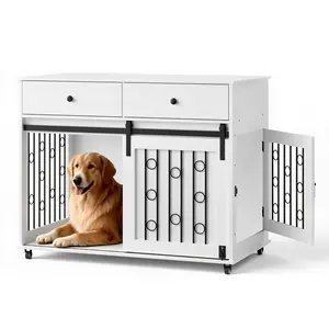 39.37'' Modern Wooden Dog Crate Furniture with Sliding Barn Door and Side Door, Indoor Dog Kennel End Table for Small to Medium Dogs, Decorative Pet Crate with Metal Bars and Lockable Wheels – White