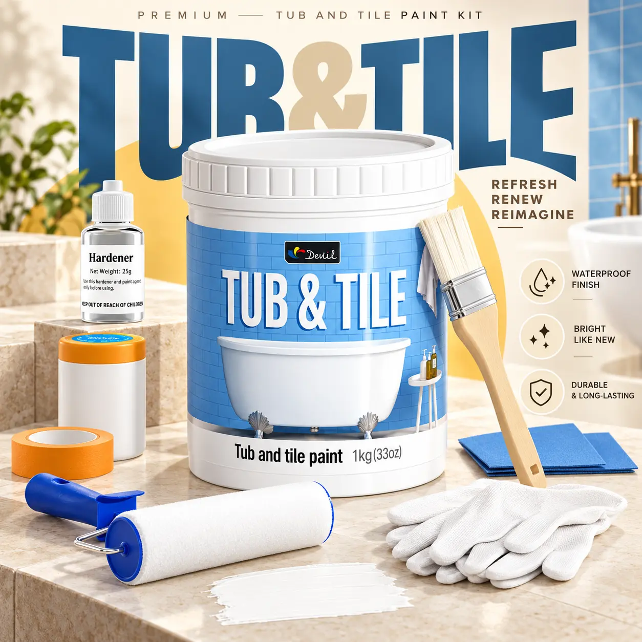 DWIL Tub and Tile Paint Refinishing Kit with Hardener, 1kg Semi-Gloss White Bathtub and Ceramic Tile Paint, Covers 50–55 Sq. Ft., Complete DIY Tools Included