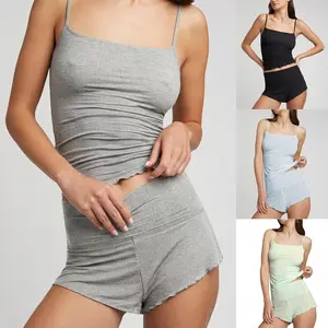 Women’s Ribbed Cami & Asymmetrical High-Waist Mini Shorts Set, Vacation Style Lounge Outfit, Whipped Mini Shorts in Heather Grey, Casual Summer Two-Piece