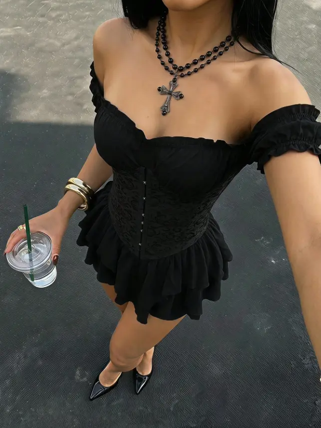 Black Red Corset Style Dress Off Shoulder Mini Elegant Party Outfit