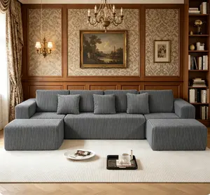 132 Inch U-Shaped Modular Sectional Sofa, 4-Seater Gray Striped Corduroy Couch with Reversible Chaise Lounge, Freely Adjustable Layout Stylish Upholstered Furniture, Trendy Home Decor Sofa for Living Room and Bedroom