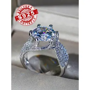 S925 Sterling Silver Ring with 5 Carat Cubic Zirconia Center Stone, Tarnish Resistant, Fashionable Statement Ring for Women's Daily Wear/Banquet/Party