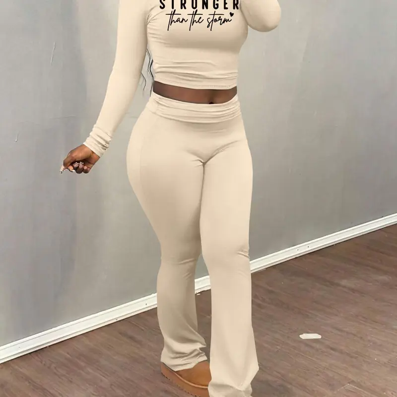 Women's Letter Print Crop Tee & Plain Flare Leg Pants Two-piece Set, Casual Basic Fashion Round Neck Long Sleeve Top & Bell Bottom Trousers for Daily Outdoor Wear, Women's Clothing for Fall & Winter, Knit Clothing Sets, Womenswear
