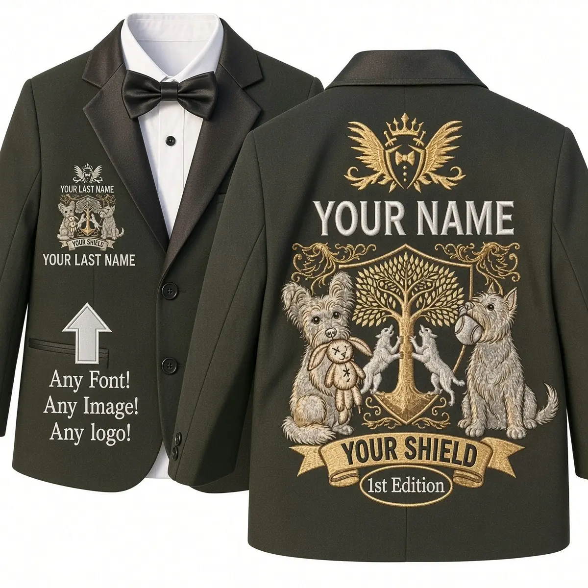 Custom Embroidered Suit or Tuxedo Blazer with Your Family Crest, Pet, Face or Logo on Front or Back, Men and Women, Made in USA Coat Menswear
