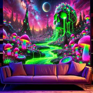 VIKAMA Cyberpunk Skull Tapestry with Alien Mushroom Nebula Pattern Gaming Room Music Studio Sci-Fi Theme Room Decor