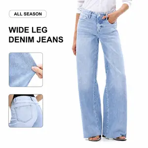 ONESO Women Mid Rise High Stretch BBL Jeans Butt Lifting Wide Leg Raw Hem Denim Pants Tummy Control Comfortable Casual Fashion Jeans DIY Inseam