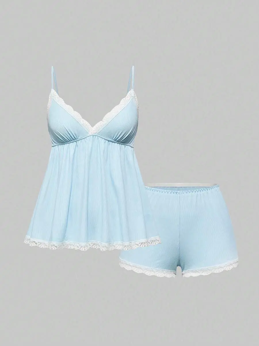 Ribbed Lace Camisole & Shorts Lounge Set