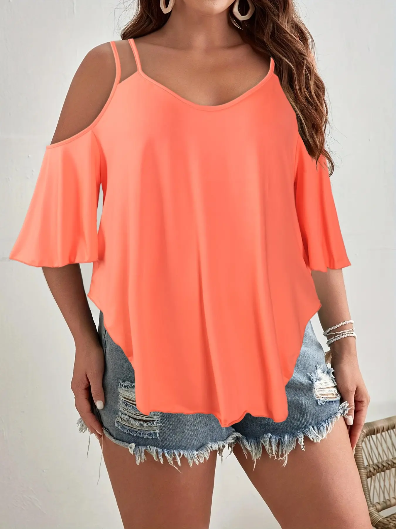 Women's Fashion Plus Size Elegant Chic Solid Color Dual Strap Design, Loose Knit Off-Shoulder Resort Casual Daily Top, Stylish Comfortable Clothing, Blouses
