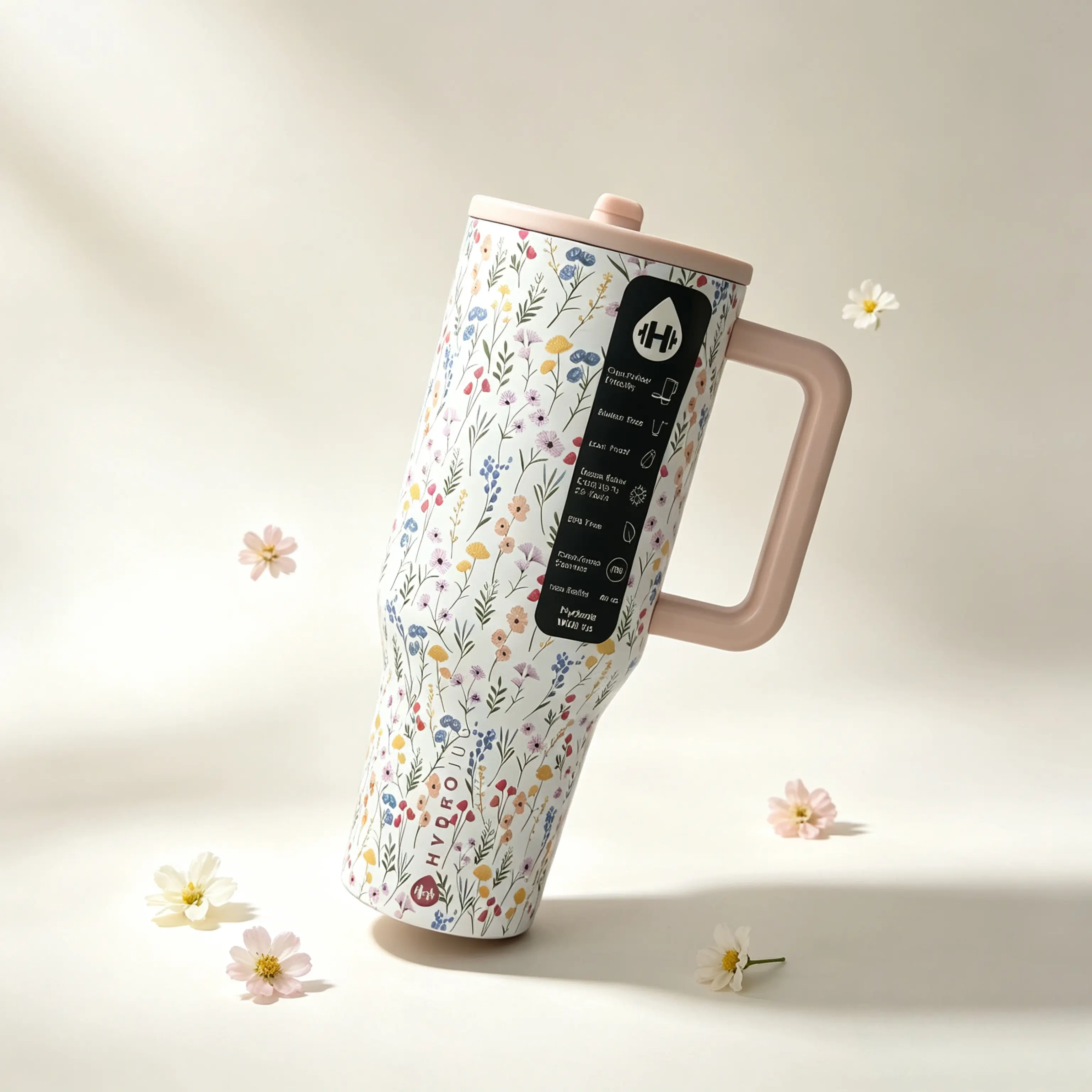 HydroJug 40oz Portable Wildflower Printed Insulated Stainless Steel Flask Tumbler, Leak-Proof Lid, Handle & Straw, Cup Holder Friendly, 24hrs Cold Retention, Women's Floral Drinkware for Iced Coffee & Water, Father's Day Gift, Stylish, Mug