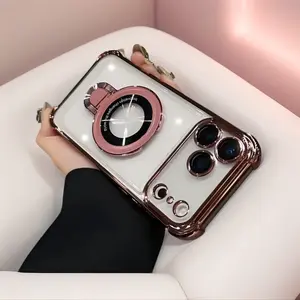 Luxury Anti-Drop Plated Fundas Shockproof Cover Soft TPU Mobile Phone Cases with Magsafe Stand Four Corners Airbag for iPhone 17 Pro Max Air 17Pro Smartphone Case