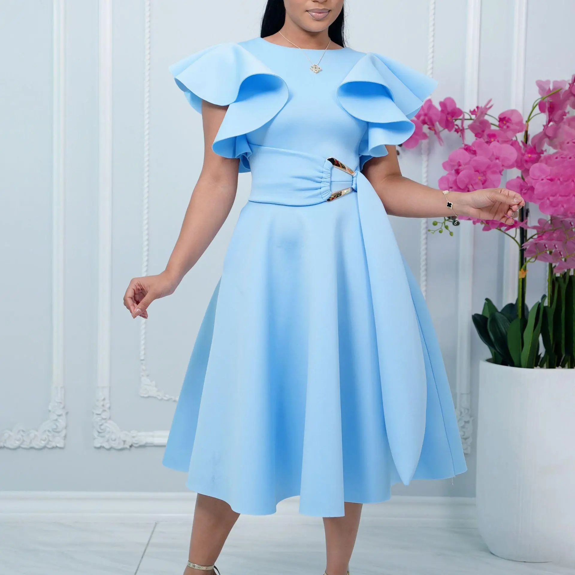 Plus Size Women's Elegant Midi Dress, Solid Baby Blue A-Line with Crew Neck and Ruffle Sleeves, Belted for Parties, Plain