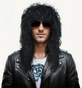 70s 80s Rocker Metal Mullet Wig 20inch Men Punk Rock Disco Long Curly Wavy Black Wig Funny Wigs for Halloween Costume Anime Party Cosplay Use  Natural Breathable