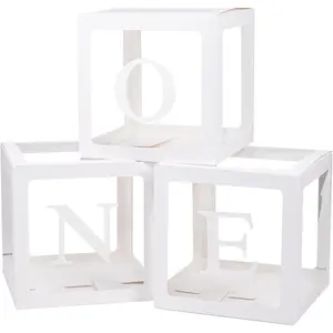 First Birthday Decorations For Boy Or Girl, 3 count  Balloon Boxes For 1st Birthday,  Clear Blocks Party Decor With  TWO Letters For Photoshoot Props, Cake Smash Backdrop