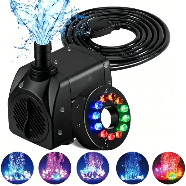 16W Adjustable Submersible Aquarium Pump with 12 Color-Changing LED Lights, 800L/H Compact Low-Noise Structure, Nozzles for Fish Tank, Hydroponics, Fresh & Salt Water Garden Water Feature