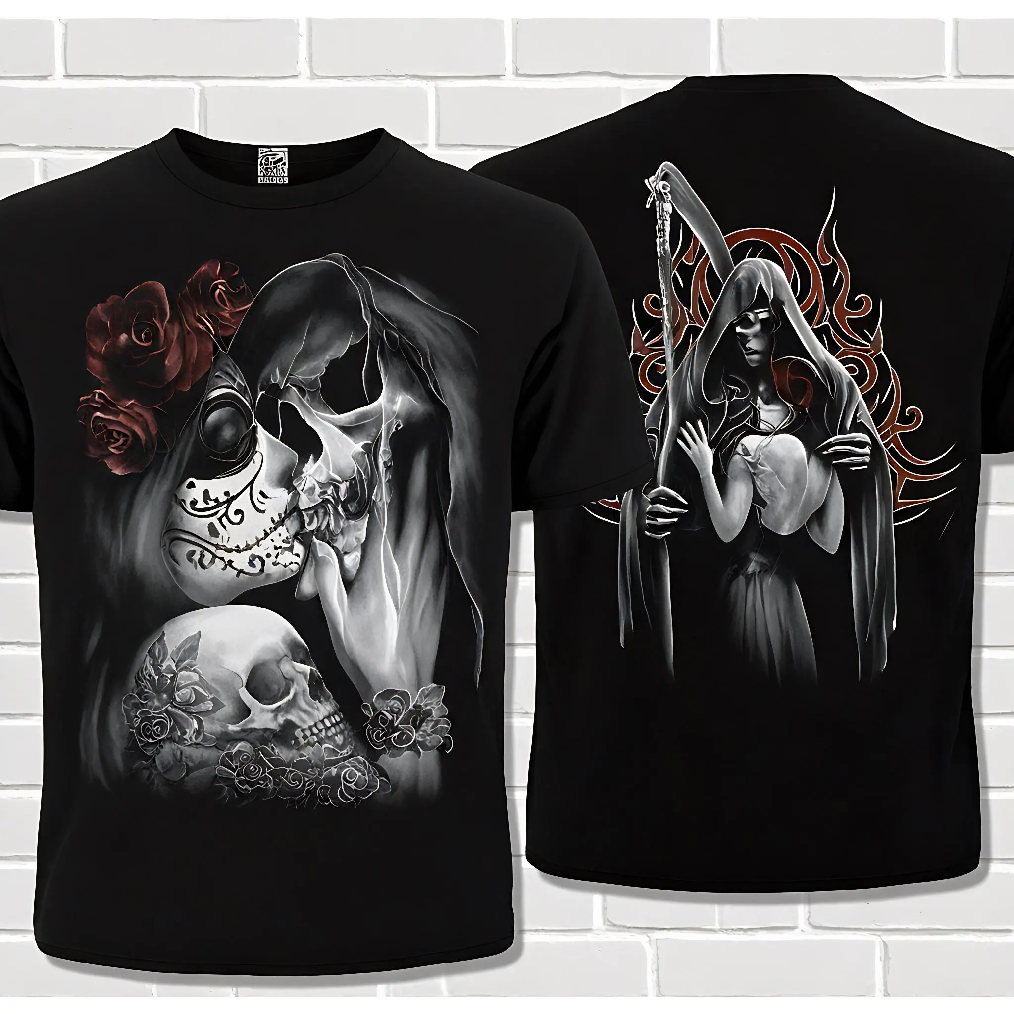 Men's Gothic Graphic T-Shirt, Grim Reaper Skull Print, Soft 100% Cotton Basic Casual Crew Neck Top, Natural, Tops, Seamless, Shortsleeve, Tshirt, Hem, Classic, Round Neck, Casual Fit, Breathable Fabric, Fitted Cut, Gothic Print, Golden, Double Stitching,
