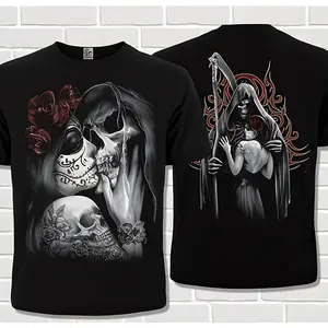 Black T-Shirt with Grim Reaper and Skull Art Print - Gothic Horror Design for Halloween, Party, or Everyday Wear