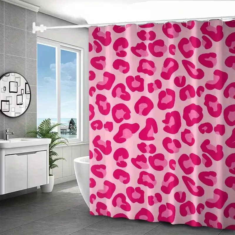 Valentine's Day Leopard Print Girly Stall Pretty Shower Curtain, Non-Slip Bathroom Floor Mat, Modern Home Decor, 12 Plastic Hooks Included