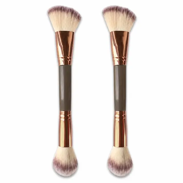 2-Pack Double-Ended Makeup Brushes, Soft Angled Contour & Rounded Highlight Face Brushes for Blush, Bronzer, Powder, Concealer, Liquid & Cream Makeup, Dual-Purpose Face Makeup Brush Set for Everyday Beauty Application and Blending, Brown/Champagne Gold