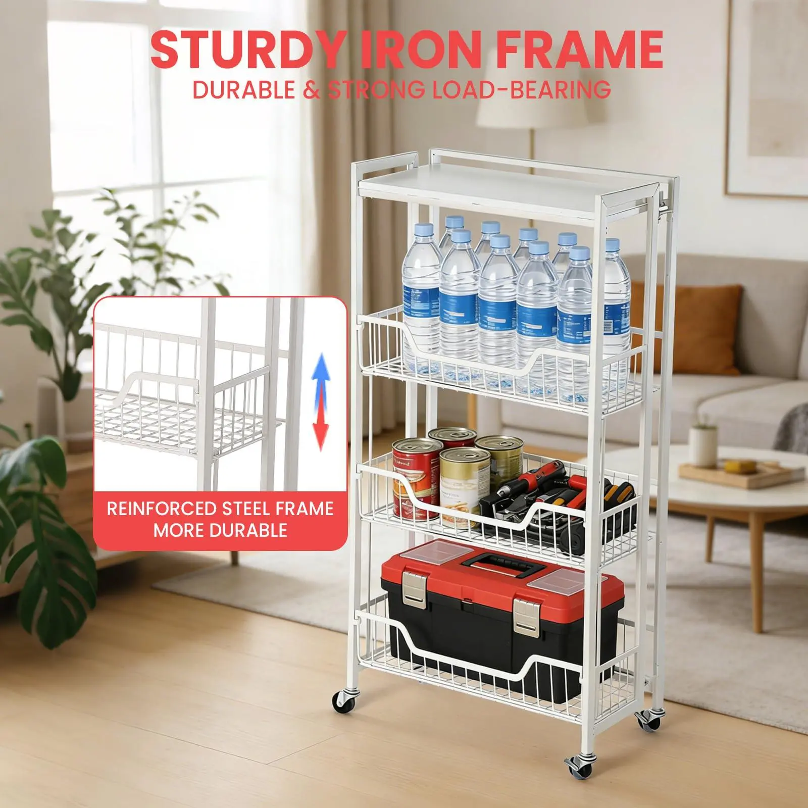 3-Tier Collapsible Kitchen Storage Cart with Wheels – Wood Top & Iron Frame – Space-Saving Pantry Organizer for Fruit, Vegetables, Snacks – Utility Shelf with Locking Casters – All White
