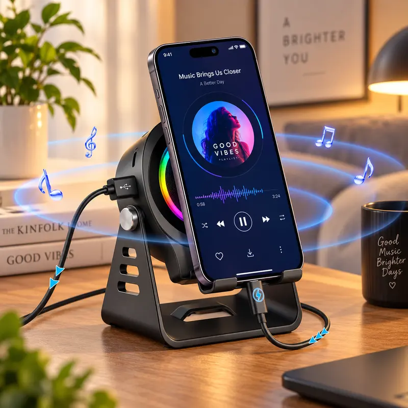 ULMIED 7-in-1 Compact Multi-Function Wireless Induction Audio Speaker Stand - Bluetooth Speaker, 1500mAh Emergency Power Bank, Adjustable Phone & Tablet Holder, Colorful LED Lights, Mens Gifts, Man Cave Gadget