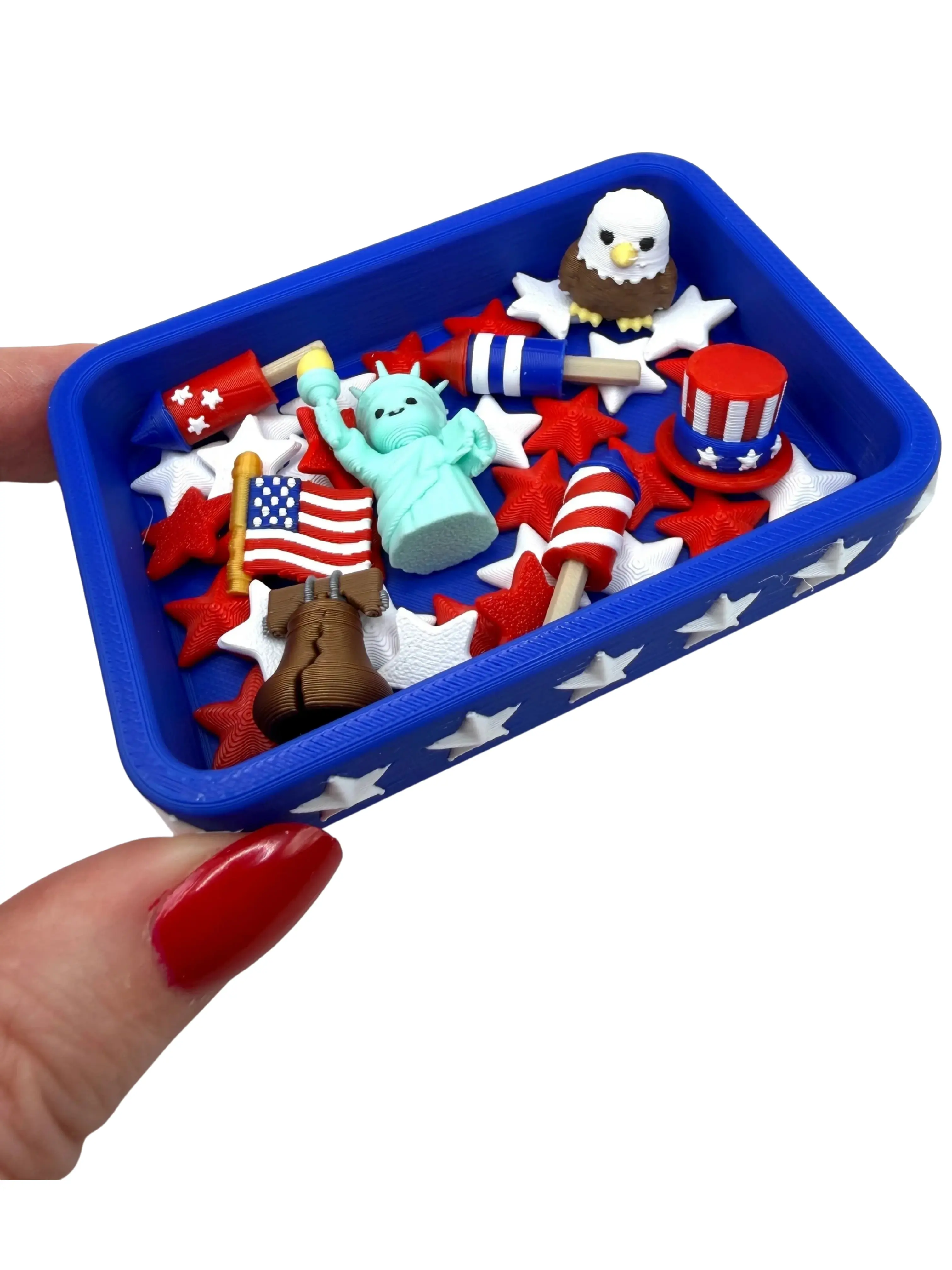 Mini 3D Printed 4th of July Fidget Dish with Fillers- American flag, Statue of Liberty, Liberty Bell, Eagle, Uncle Sam hat, stars, fireworks Independence Day USA decor ASMR Decorative Seasonal Gift