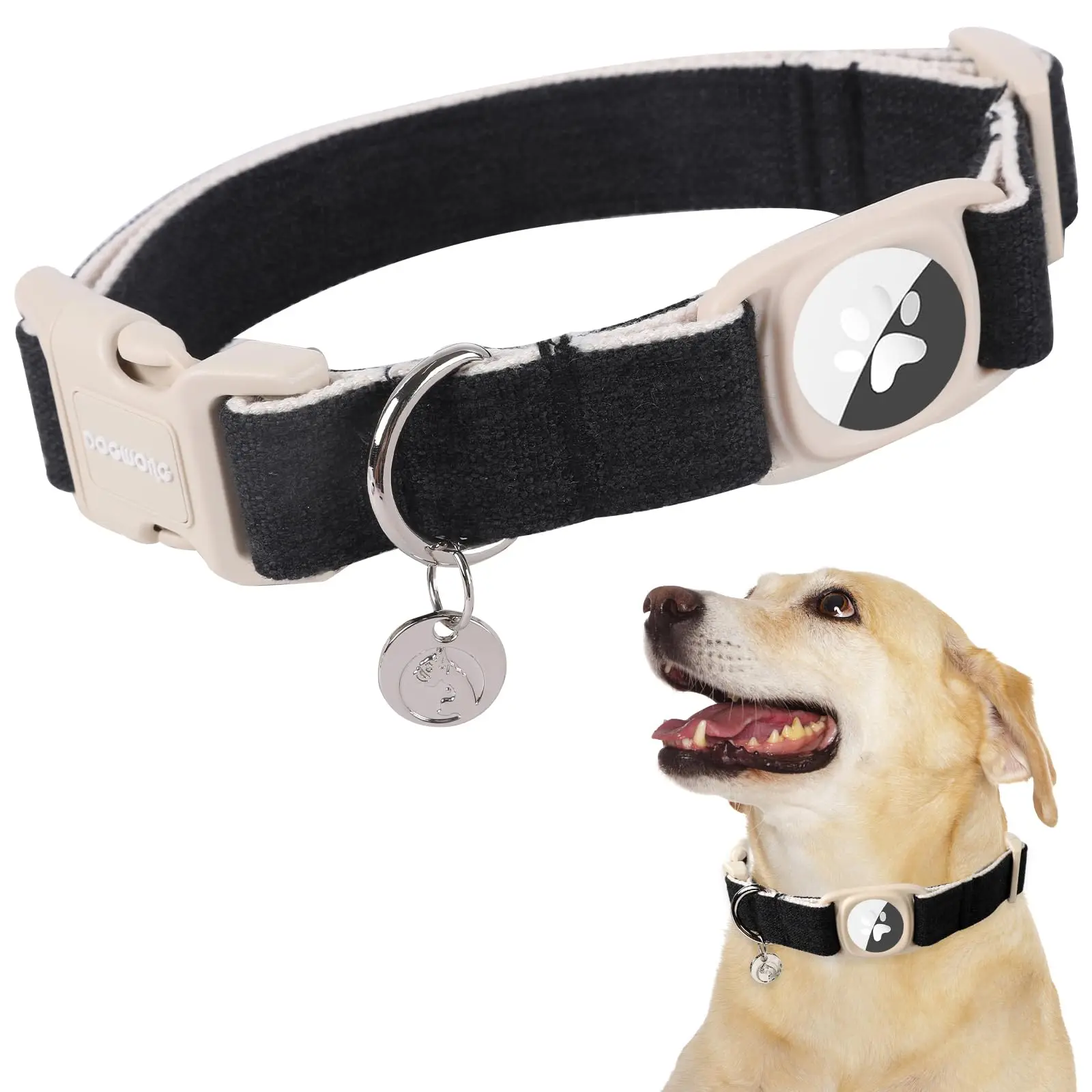 Adjustable Airtag Holder Cotton Hemp Dog Collar - Heavy-Duty Black Natural Fabric Basic Collar for Small, Medium, Large Dogs