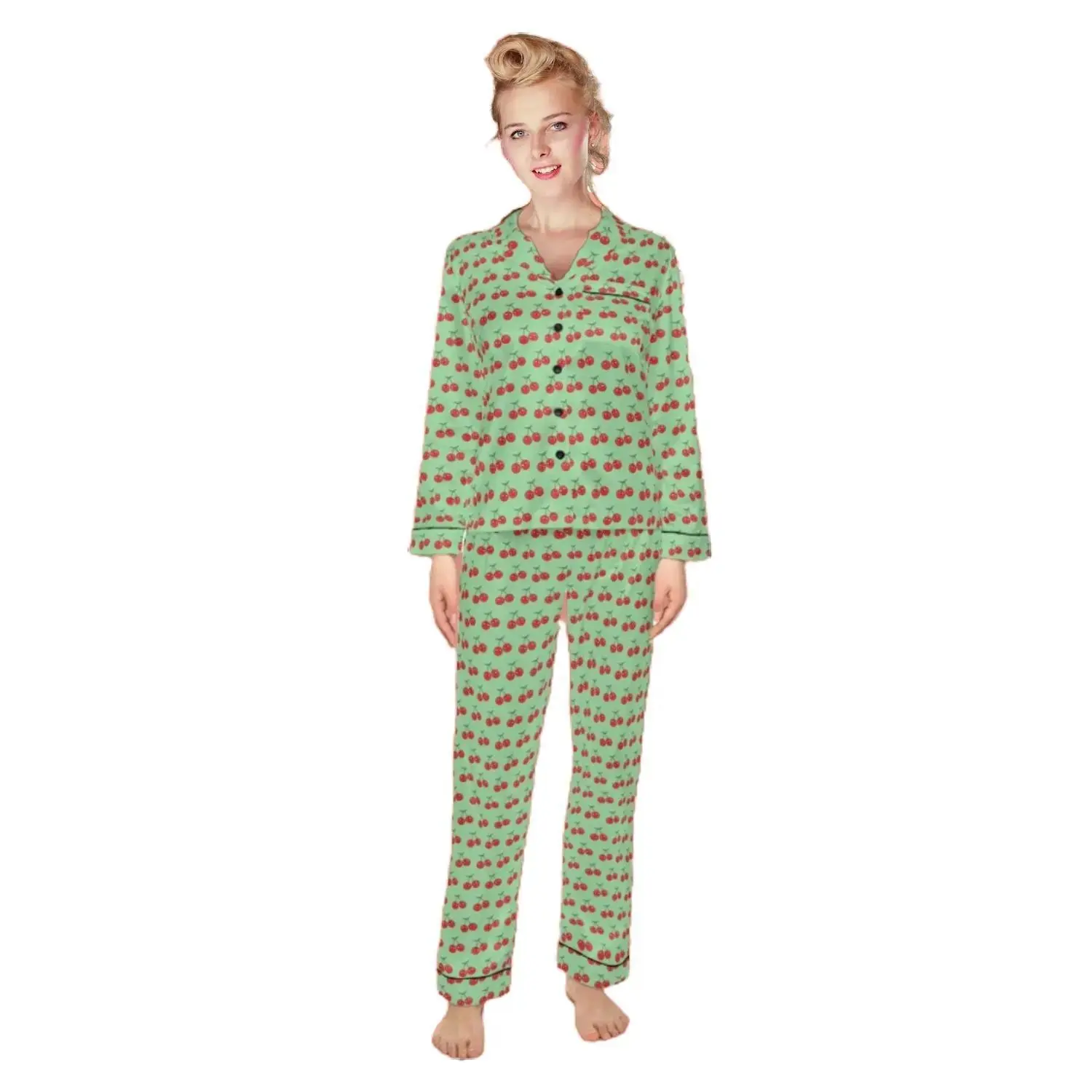 I Love You Cherry Much Satin Jammies | Retro Pajamas, Cherries, Pinup Girl Sleepwear, Green Pajamas, Happy Cherries, Winter, Silk Pajamas, Button Down, Long Sleeve, Pajama Set, Green, Red Loungewear Spandex